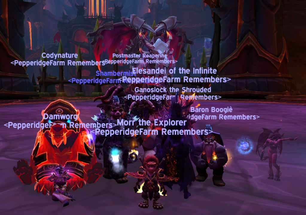 A group of WoW characters; guild members from PepperidgeFarm Remembers on Illidan
